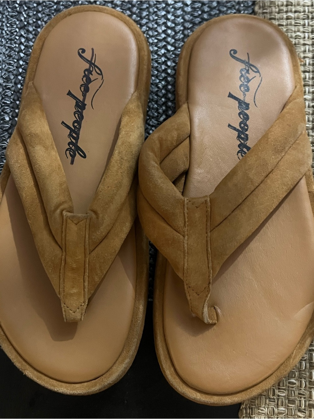 Free People Cognac Suede Quilted Thong Sandals
